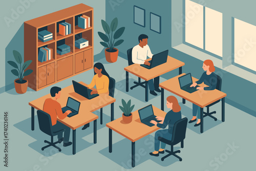 Working shelves illustration multiple vector desks coworking people laptops isometric space