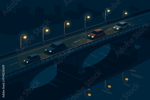 Scene bridge illustration cars vibes glowing crossing water streetlamps vector night