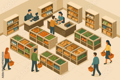 Illustration market indoor counters registers scene modern rows customers baskets vector neat