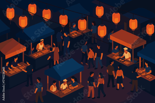 Food illustration glow market vector small around street glowing night vendors