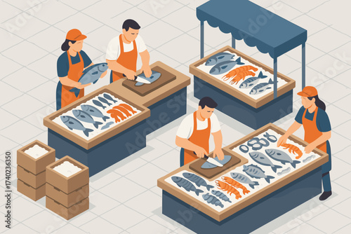 Market preparing illustration sellers vector seafood isometric boxes fish goods stalls