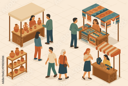 Browsing fair isometric jewelry stalls textiles vector craft visitors handmade pottery illustration