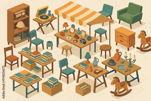 Isometric scattered tables market books secondhand vintage illustration vector furniture flea goods