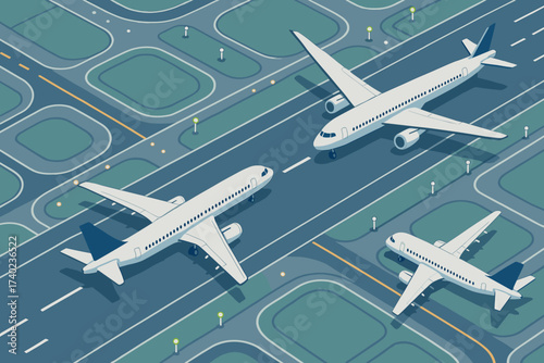 Illustration taxiways taking surrounded lights scene landing vector off airport runway isometric