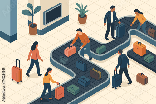 Airport isometric claim vector luggage baggage area suitcases belts conveyor people illustration