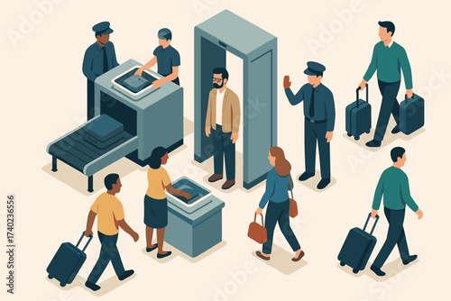 Vector passengers illustration check checkpoint scanners isometric guards airport through security walking