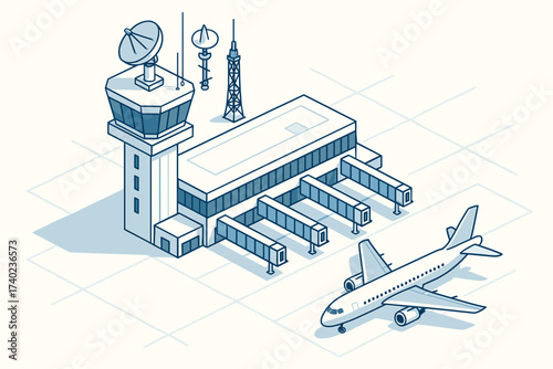 Tower air isometric scene airport illustration traffic control terminal dishes to connected