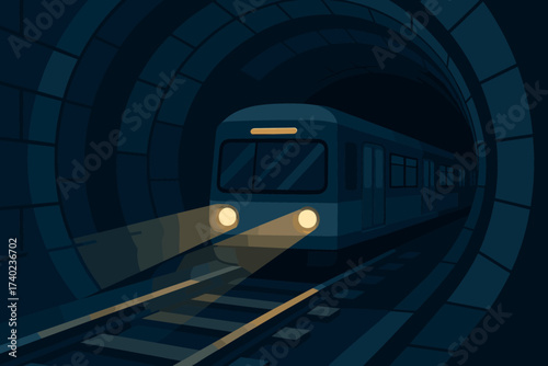 Subway curved illustration moving train headlights dark vector lights tunnel view glowing