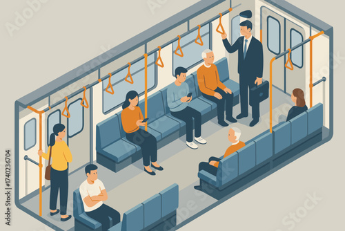 Interior passengers subway handrails vector seats scene isometric illustration standing train rows