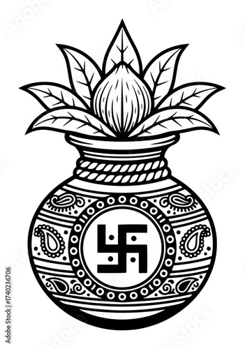 Kalash Pot with Lotus and Hindu Swastika Vector