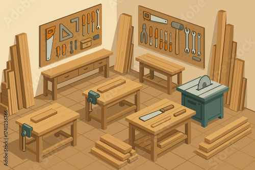Illustration walls workshop wood tool modern spacious vector woodworking benches planks saws