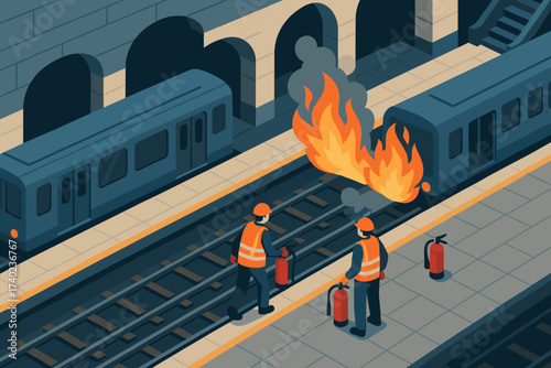 Scene platforms safety extinguishers subway fire illustration response empty vector present emergency