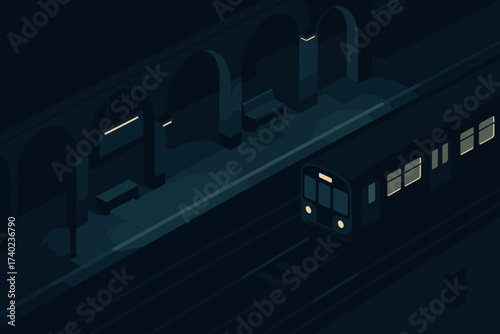 Arriving quiet lighting vector illustration subway scene train platforms station night