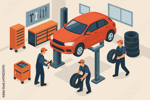 Spare workshop bay repair vector isometric chests car tires tool automotive illustration