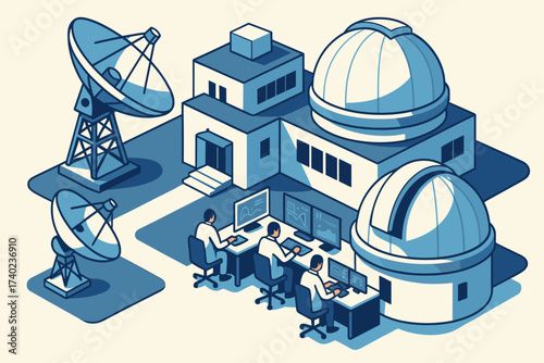 Illustration domes monitoring dishes space large satellite scientists modern observatory vector
