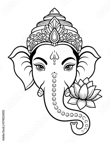 Ganesha Head with Lotus Line Art