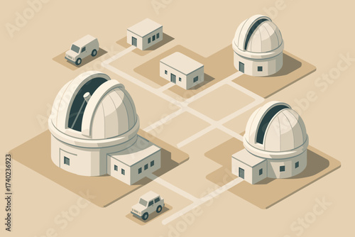 Modern vector research vehicles multiple observatory complex illustration pathways connected parked