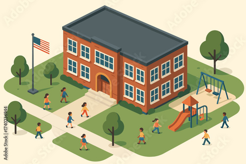 Flagpole children illustration around school isometric large vector playground building walking