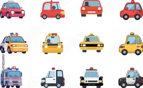 Vehicle, cartoon, car, taxi, police, fire truck, emergency, transport, icon, grid, illustration, flat, colorful, design, traffic, city, service, compact