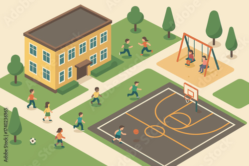 Illustration playground outside vector schoolyard kids court swings basketball isometric playing