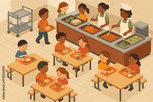 Counters rows tables children lunch vector school illustration cafeteria isometric eating food