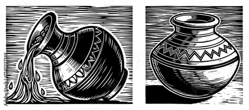 Sacred Cow and Clay Pot Woodcut Set