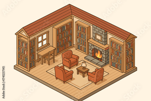 Illustration armchairs shelves cozy vector stone rural wooden library fireplace