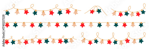 Christmas red, green lights garland with colored star bulbs. Xmas festive string decoration with hanging retro led lamp. Glowing string with lamps for holiday cards, banners, posters, web. Vector.