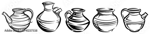 Traditional Indian Water Pots and Pitchers Line Art Vector