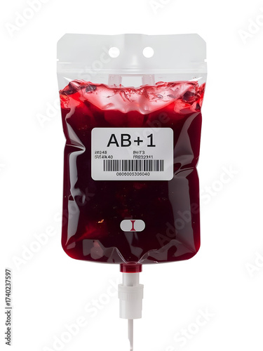 Blood bag with A B positive blood and medical label isolated on a transparent background