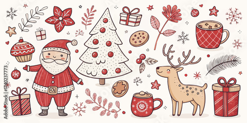 Festive christmas illustration with santa claus reindeer tree gifts and other holiday themed elements art