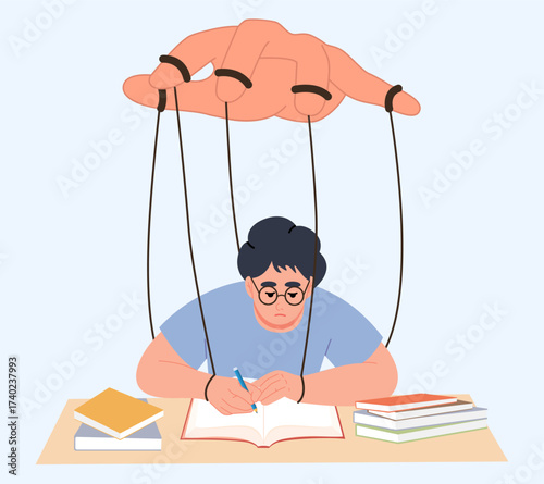 Hands manipulate people hanging on strings. Forces her son to study.