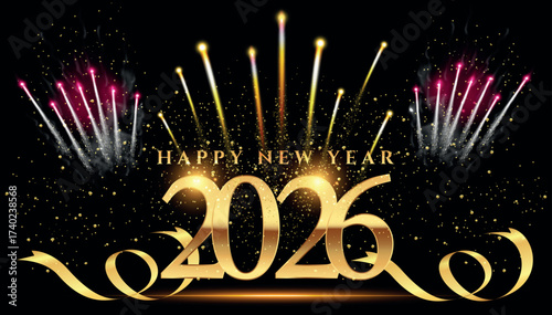 Happy New Year 2026 Celebration Graphic with Golden Fireworks, Sparkles, and Ribbons on Black Background