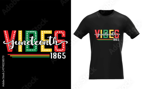 Vibrant juneteenth vibes 1865 graphic design with colorful lettering and a black t shirt mockup
