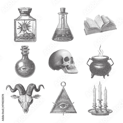 Vector stippling illustration set of occult symbols including skull, goat head, potion bottles, magic cauldron, candles, pyramid eye, alchemy tools, mystical book design
