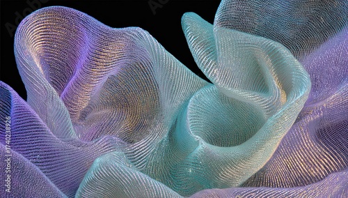 Floating, translucent, rippling fabric with gradient hues against a black background
