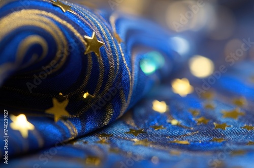 Close-up of folded blue fabric with swirling gold, star accents, and soft bokeh