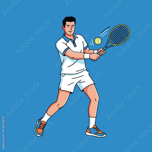 Tennis player in action white uniform blue background