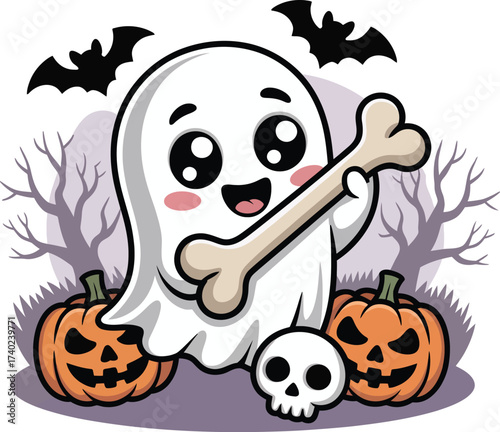 Cute kawaii ghost holding a bone with pumpkins and bats