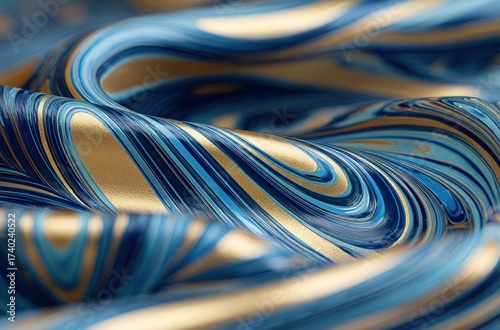 Swirling fabric of blue, teal, and gold, with a close-up focus highlighting the textures