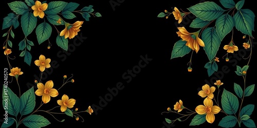 Dark green & gold Art Nouveau botanical frame, intricate leaves & flowers on black,  dark green,  card