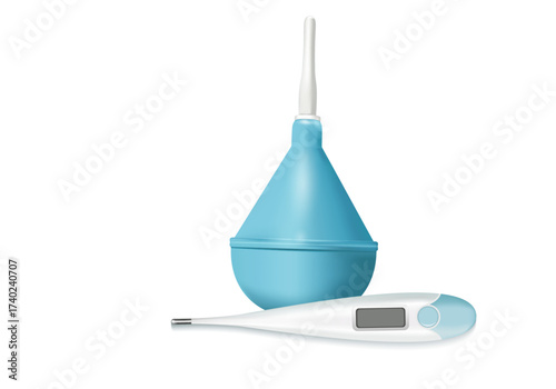 Medical kit, rubber bulb syringe and digital thermometer. Set for nose, ears, enemas, douches, and temperature measurement. Applications: otolaryngology, gastroenterology, gynecology, veterinary