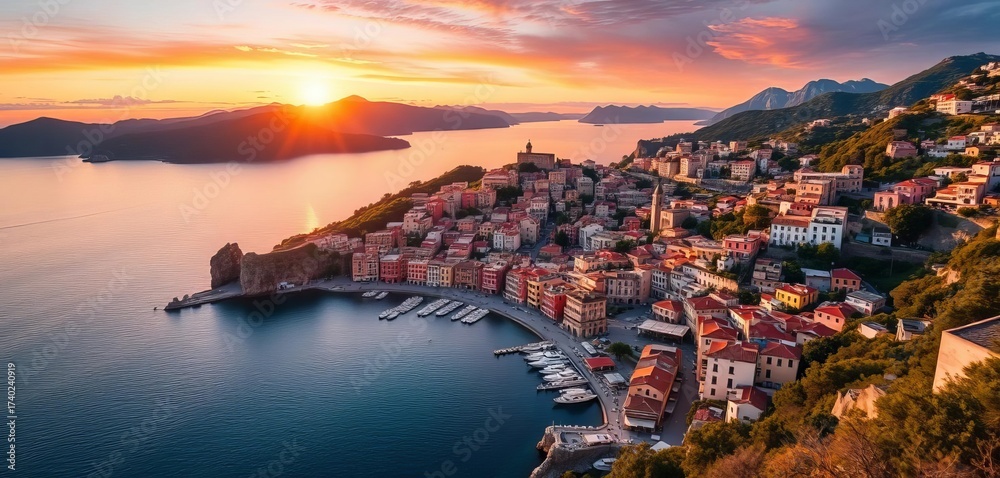 Fototapeta premium Sun-drenched Capri town, nestled on the coast at sunset, viewed from above, vibrant, top view