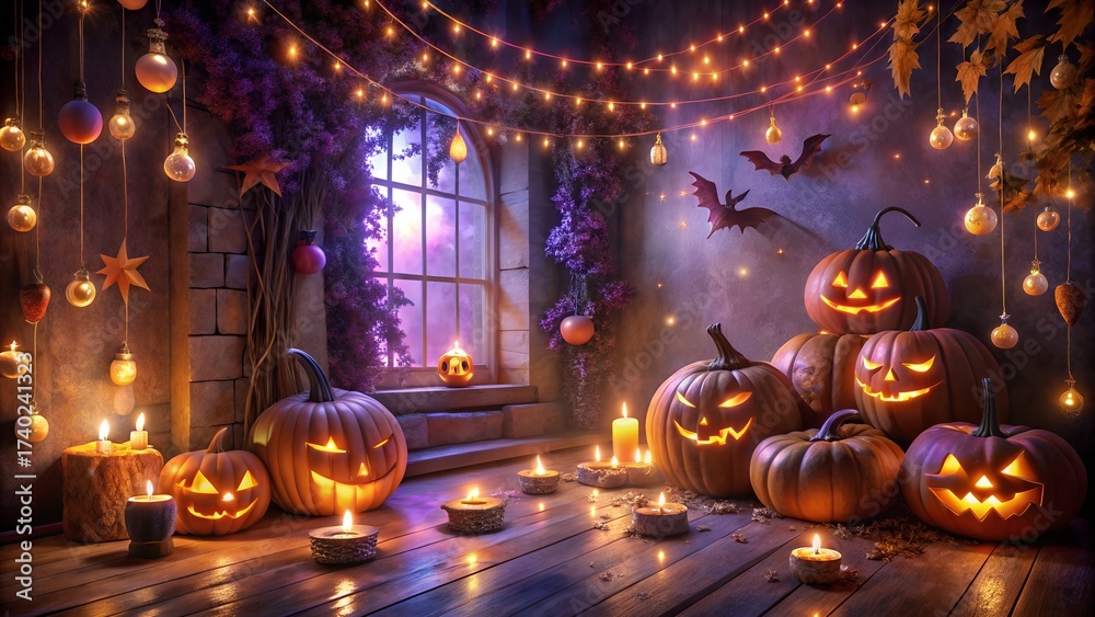 Fototapeta premium Spooky halloween pumpkins with glowing faces and string lights