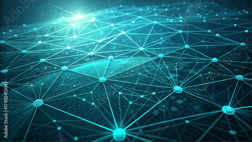 An abstract network of interconnected nodes and lines in shades of blue and teal connecting all points