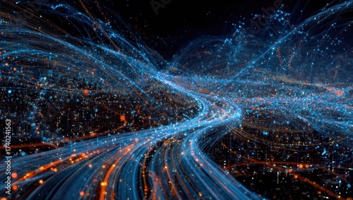 Digital abstract with flowing, illuminated strands of light and particles against a dark backdrop