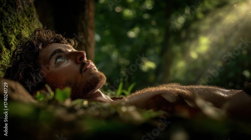Adam hides among dense fig trees after the fall, embodying shame, loss of innocence, and humanity’s first awareness of separation from God.
