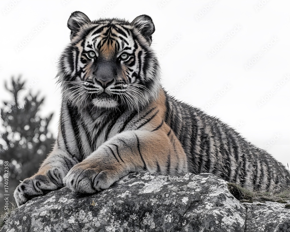 Fototapeta premium Majestic Siberian Tiger Resting on Rock, Wildlife Photography