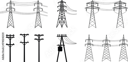 Electricity pylons, transmission towers, utility poles, power distribution structures, electrical grid system, energy infrastructure, industrial engineering