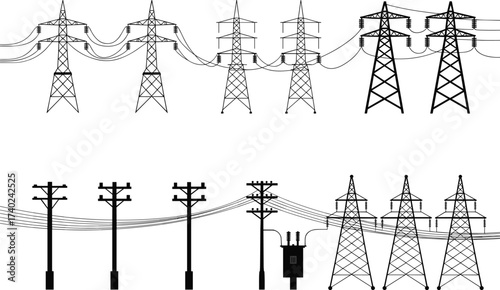 High voltage transmission towers, electricity pylons, power distribution lines, utility poles with transformers, electrical grid infrastructure, energy supply system illustration